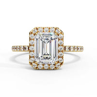 Emerald Cut Halo Diamond Engagement Ring with Pavé Band in Yellow Gold