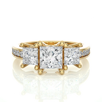 Princess Cut Three Stone Diamond Engagement Ring | Solid Yellow Gold | Channel-Set Diamond Band | Classic Trilogy Ring | Gift for Her