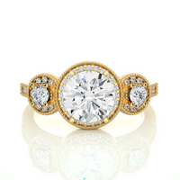 Vintage Three Stone Round Diamond Halo Engagement Ring | Solid Yellow Gold | Milgrain Diamond Ring | Classic Bridal Jewelry | Gift for Her