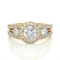 Round Halo Diamond Pear Side Stone Split Shank Engagement Ring in Solid Yellow Gold