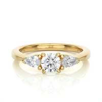 Round & Pear Cut Three Stone Diamond Engagement Ring in Yellow Gold