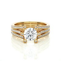 Round Brilliant Diamond Split Shank Bridal Ring Set in Solid Yellow Gold | Pavé Diamond Multi-Band Engagement Ring | Luxury Wedding Ring for Her