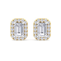 Emerald-Cut Diamond Halo Stud Earrings – Luxury Gold Frame Design