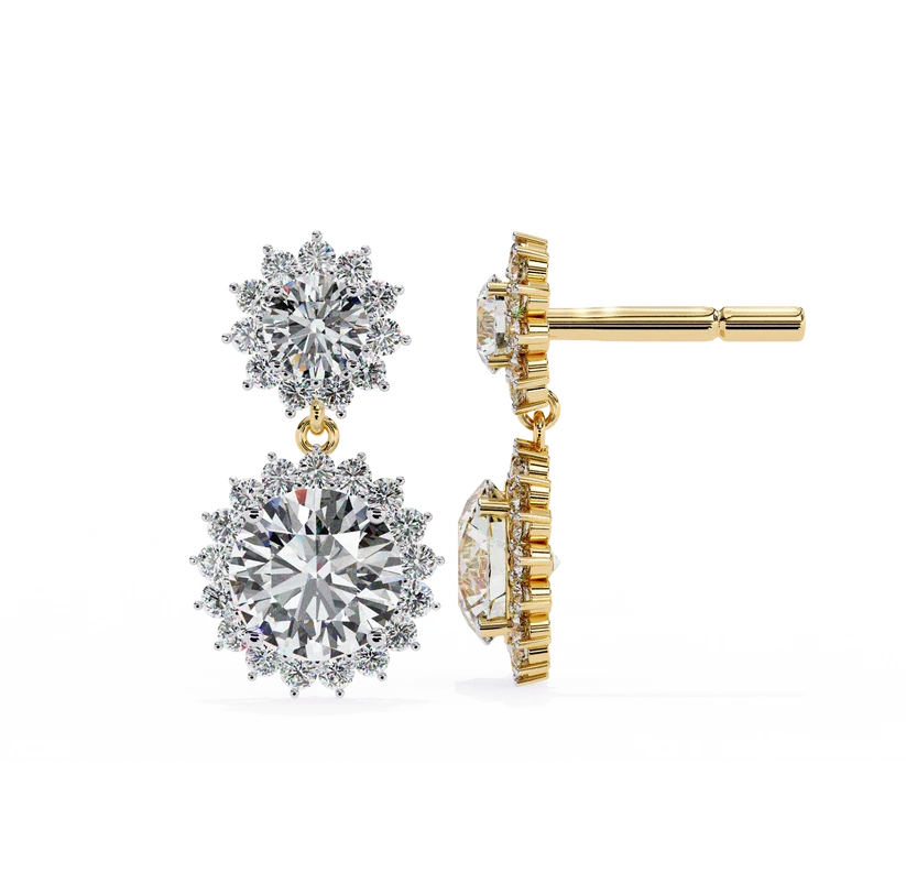 Double Halo Round Diamond Drop Earrings