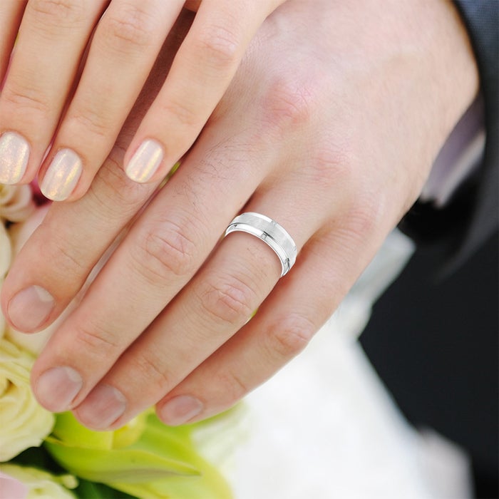 Lab-Grown Satin Finish Pave Set Men's Diamond Wedding Ring