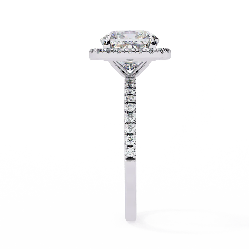 Cushion Cut Halo Diamond Engagement Ring with Pavé Band in Yellow Gold