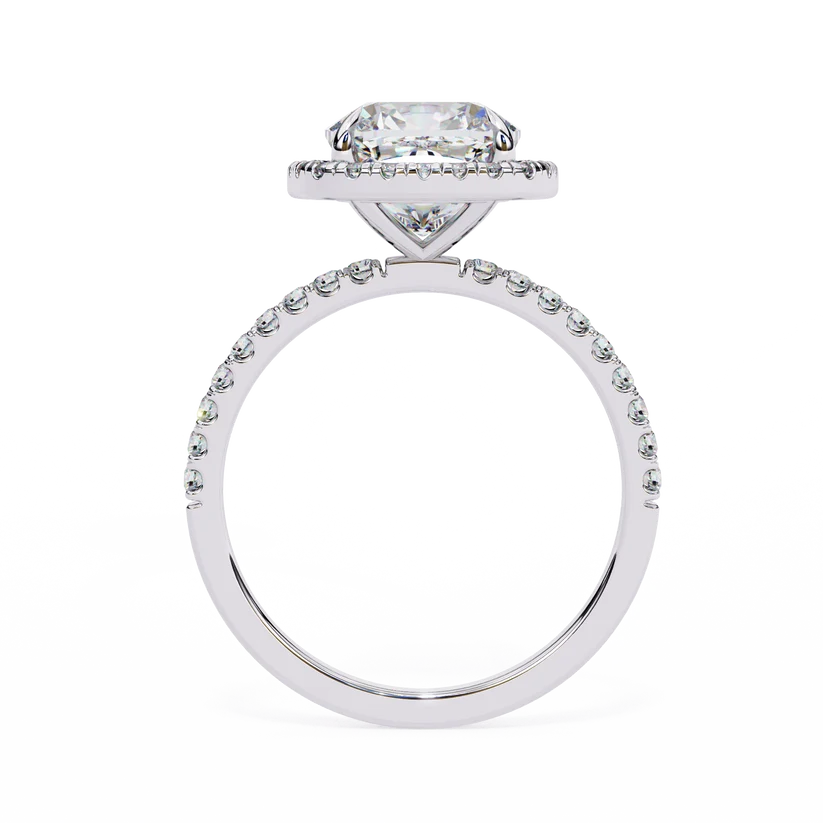 Cushion Cut Halo Diamond Engagement Ring with Pavé Band in Yellow Gold