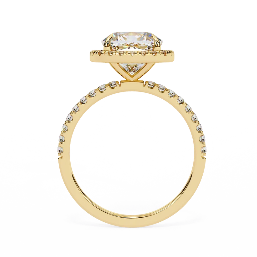 Cushion Cut Halo Diamond Engagement Ring with Pavé Band in Yellow Gold