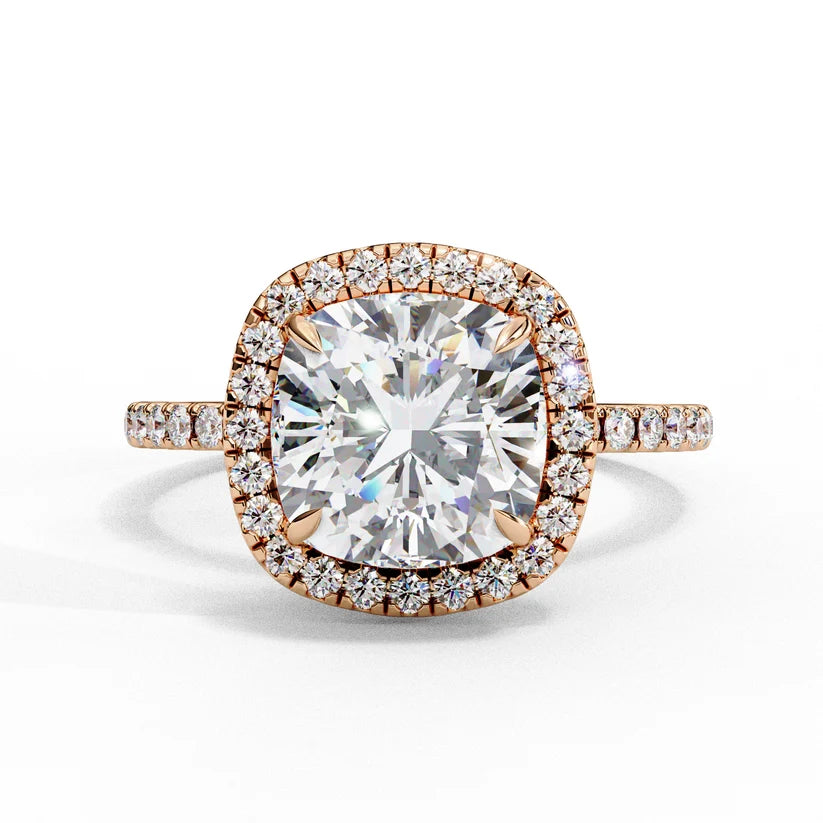 Cushion Cut Halo Diamond Engagement Ring with Pavé Band in Yellow Gold
