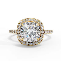 Cushion Cut Halo Diamond Engagement Ring with Pavé Band in Yellow Gold
