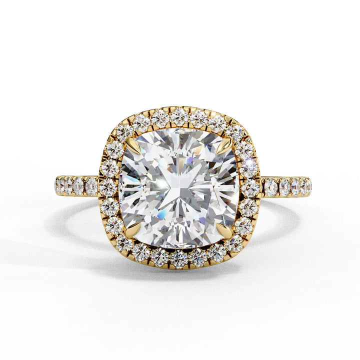 Cushion Cut Halo Diamond Engagement Ring with Pavé Band in Yellow Gold