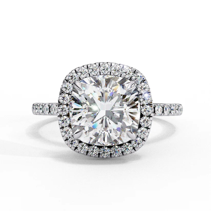Cushion Cut Halo Diamond Engagement Ring with Pavé Band in Yellow Gold
