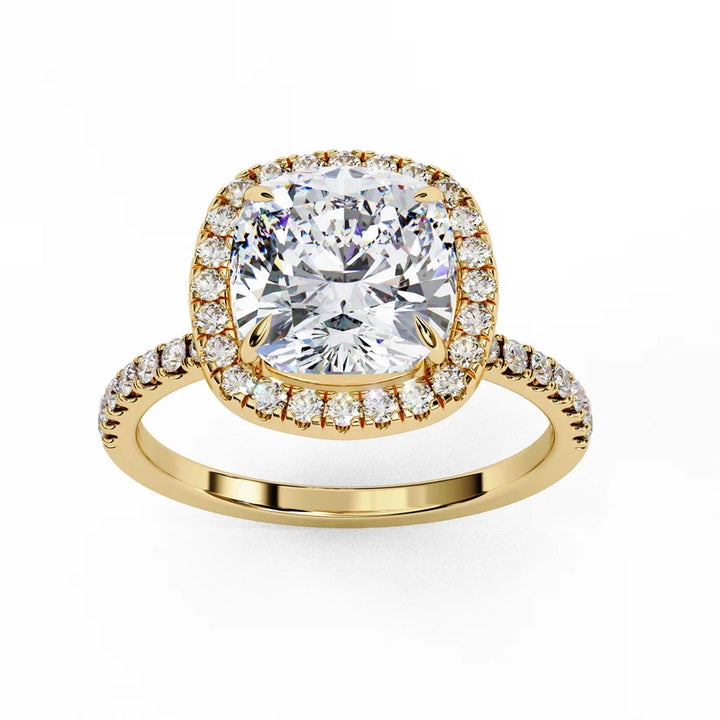 Cushion Cut Halo Diamond Engagement Ring with Pavé Band in Yellow Gold