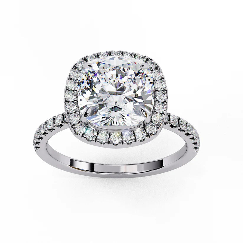 Cushion Cut Halo Diamond Engagement Ring with Pavé Band in Yellow Gold