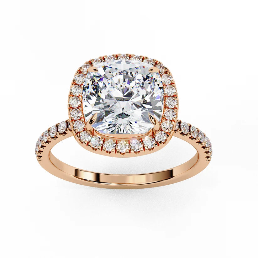 Cushion Cut Halo Diamond Engagement Ring with Pavé Band in Yellow Gold