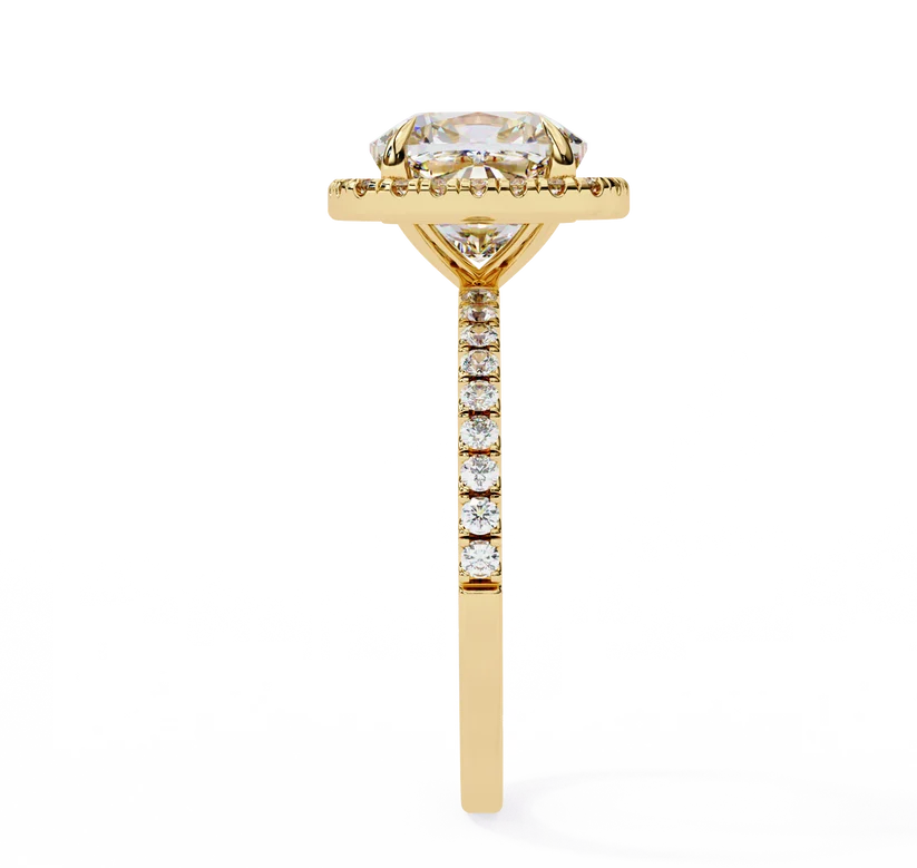 Cushion Cut Halo Diamond Engagement Ring with Pavé Band in Yellow Gold