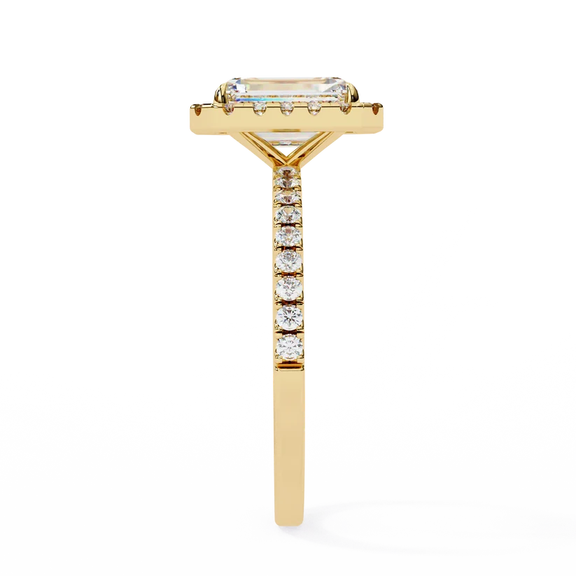 Radiant Cut Halo Diamond Engagement Ring with Pavé Band in Yellow Gold