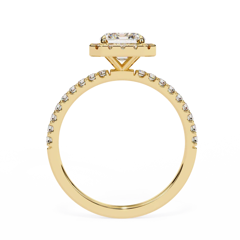 Radiant Cut Halo Diamond Engagement Ring with Pavé Band in Yellow Gold