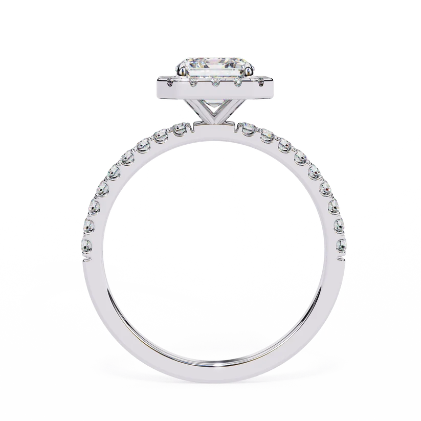 Radiant Cut Halo Diamond Engagement Ring with Pavé Band in Yellow Gold
