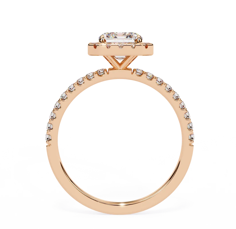 Radiant Cut Halo Diamond Engagement Ring with Pavé Band in Yellow Gold