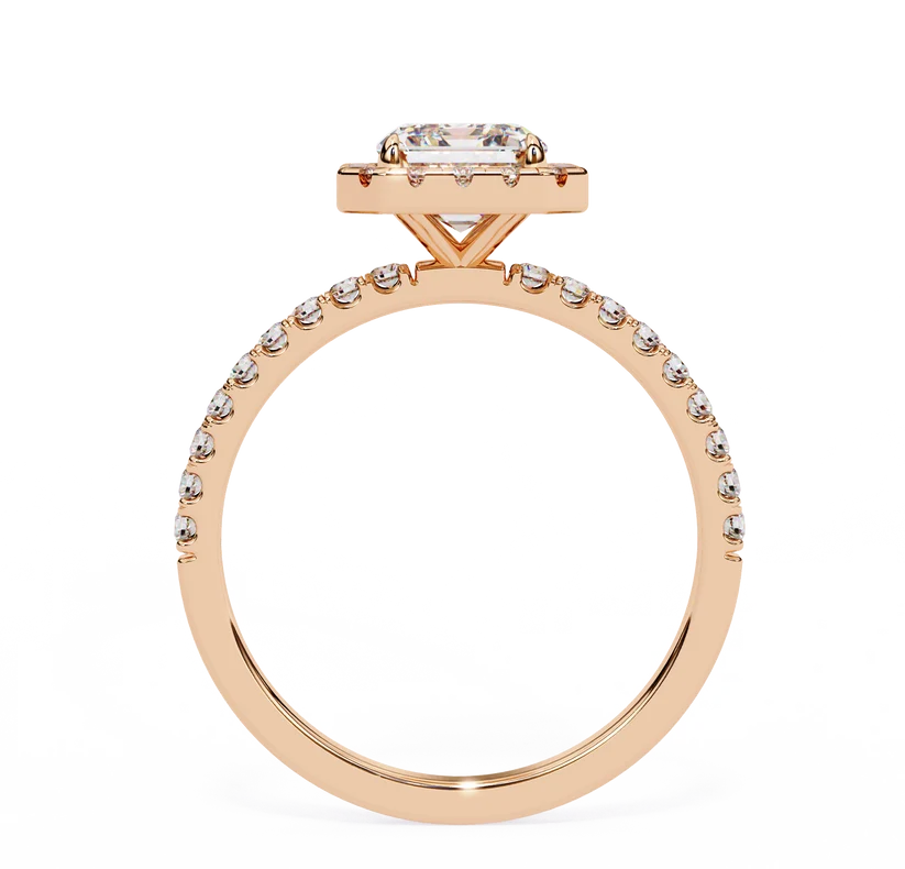 Emerald Cut Halo Diamond Engagement Ring with Pavé Band in Yellow Gold