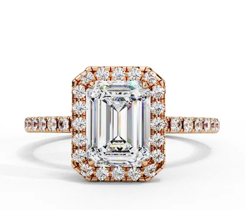 Emerald Cut Halo Diamond Engagement Ring with Pavé Band in Yellow Gold
