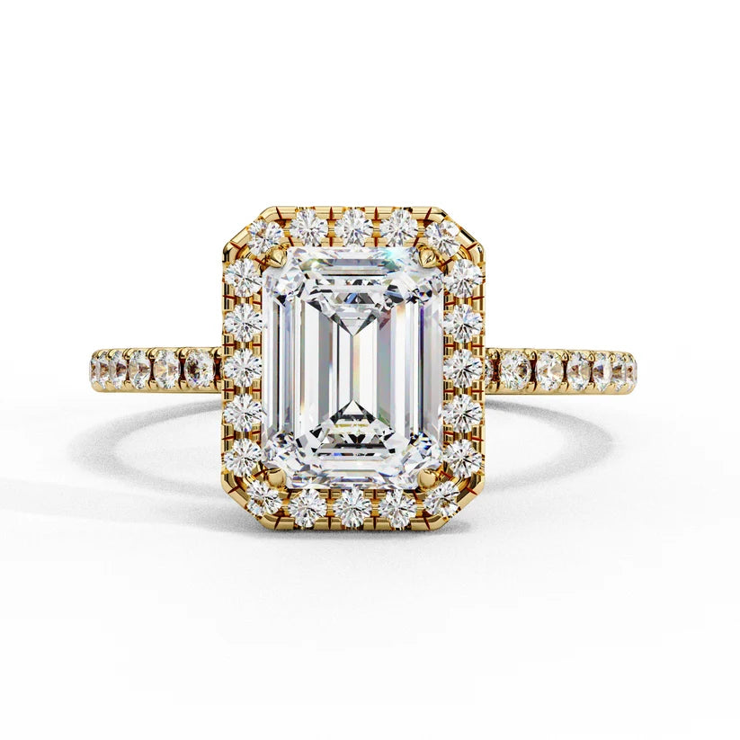 Emerald Cut Halo Diamond Engagement Ring with Pavé Band in Yellow Gold