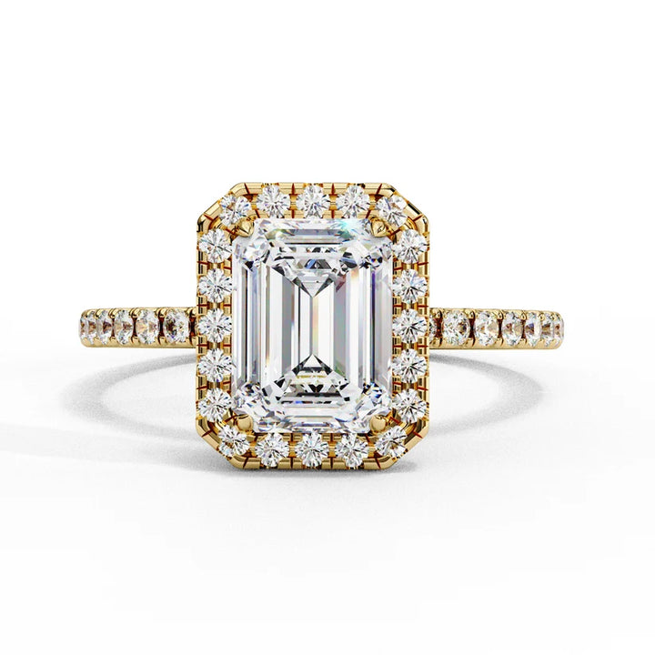 Emerald Cut Halo Diamond Engagement Ring with Pavé Band in Yellow Gold