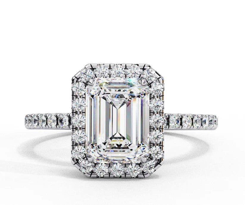 Emerald Cut Halo Diamond Engagement Ring with Pavé Band in Yellow Gold