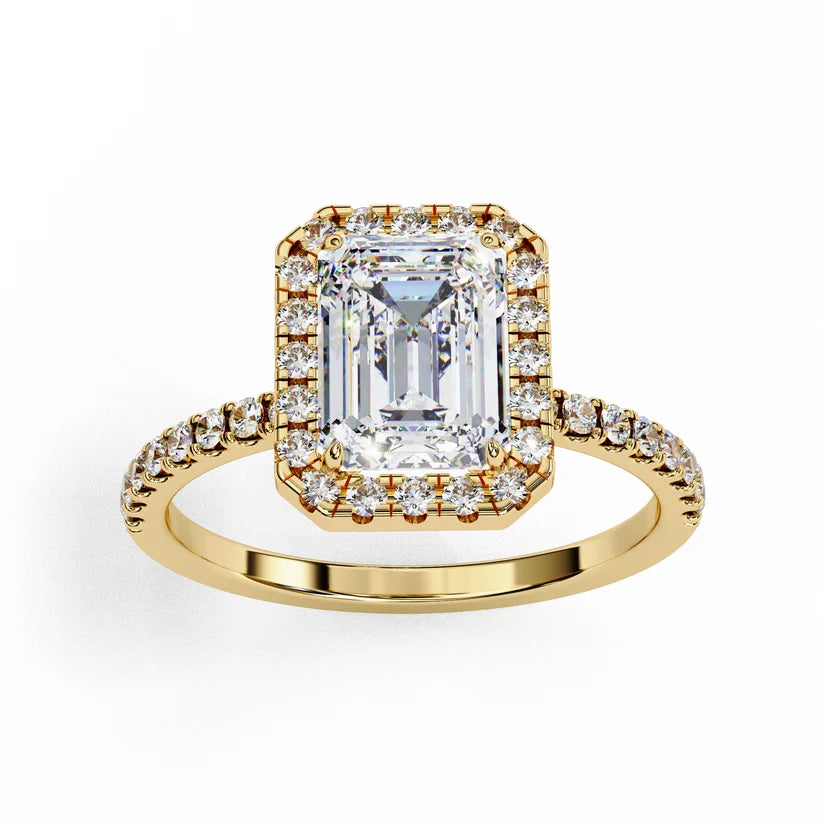 Emerald Cut Halo Diamond Engagement Ring with Pavé Band in Yellow Gold