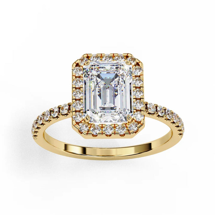 Emerald Cut Halo Diamond Engagement Ring with Pavé Band in Yellow Gold