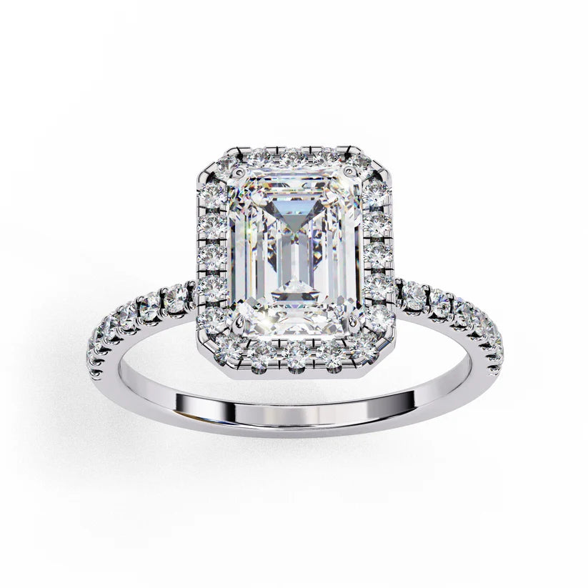 Emerald Cut Halo Diamond Engagement Ring with Pavé Band in Yellow Gold