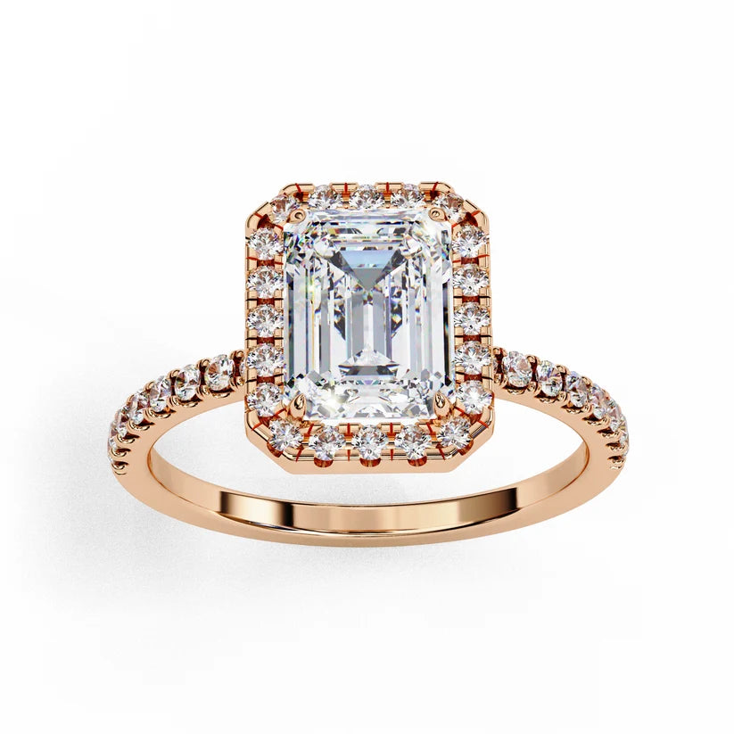 Emerald Cut Halo Diamond Engagement Ring with Pavé Band in Yellow Gold
