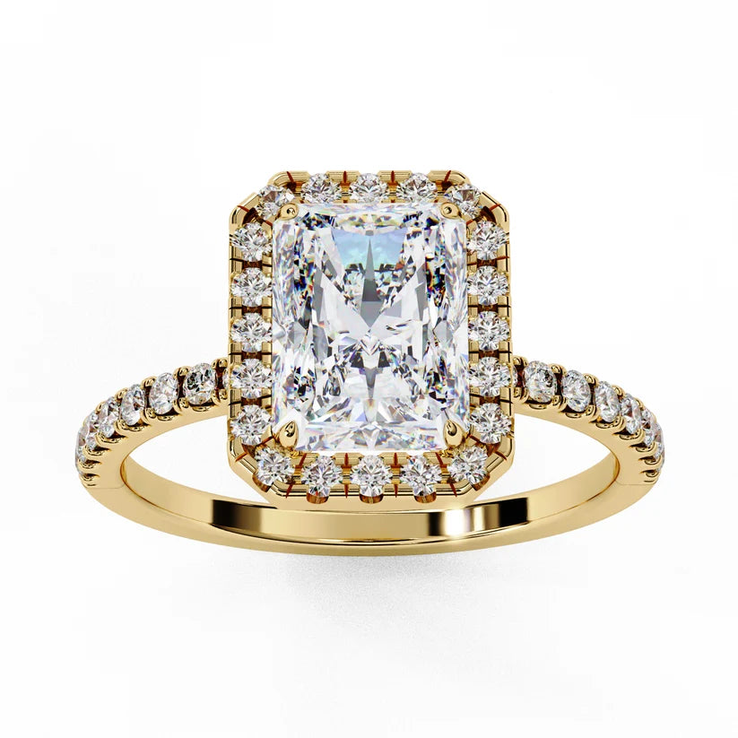Radiant Cut Halo Diamond Engagement Ring with Pavé Band in Yellow Gold