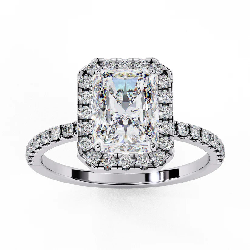 Radiant Cut Halo Diamond Engagement Ring with Pavé Band in Yellow Gold