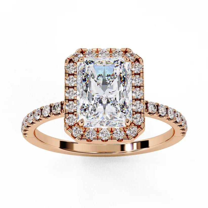 Radiant Cut Halo Diamond Engagement Ring with Pavé Band in Yellow Gold
