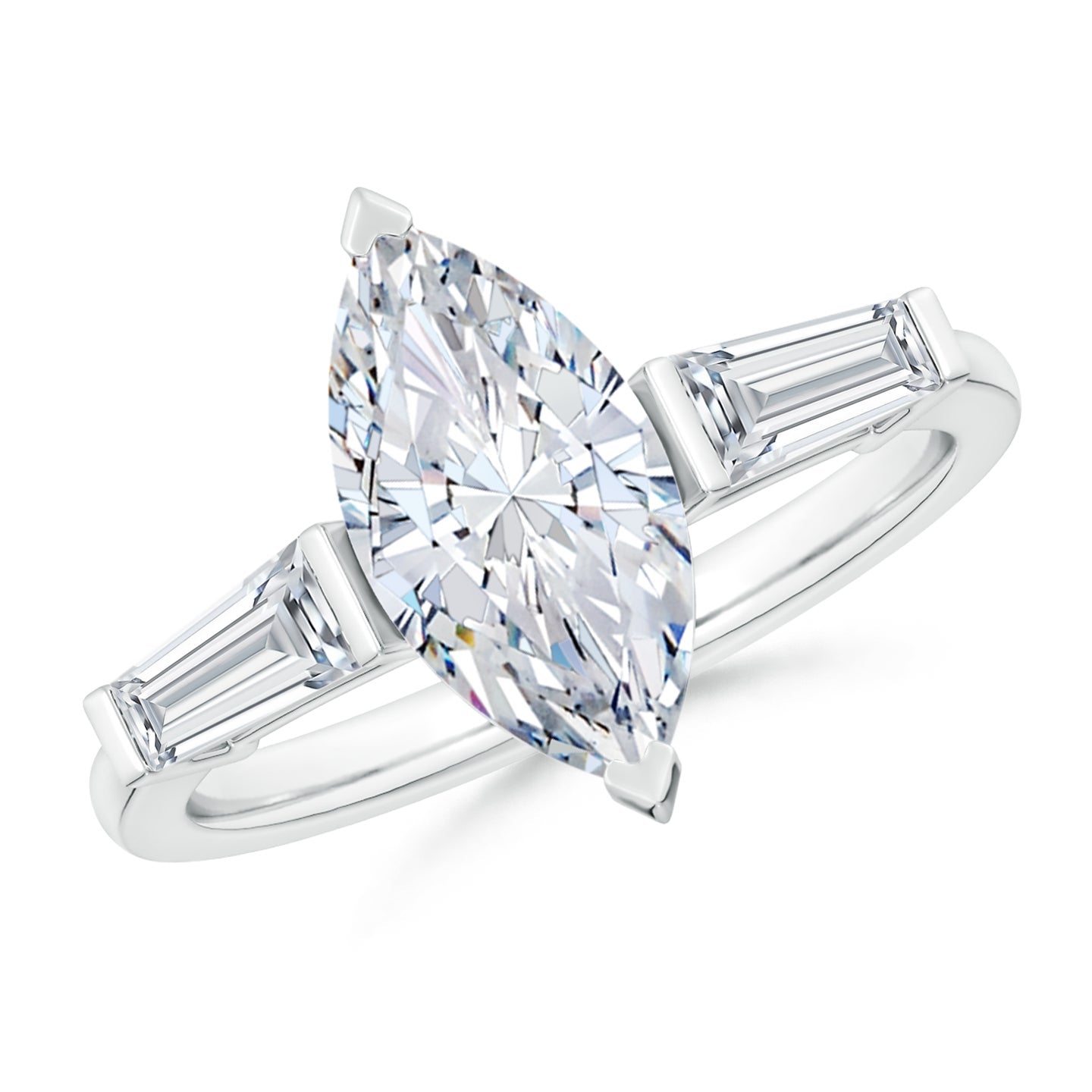 Lab-Grown Marquise And Tapered Baguette Diamond Side Stone Engagement Ring