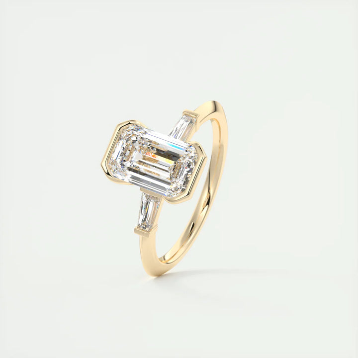 Emerald Half Bezel Three-Stone Engagement Ring