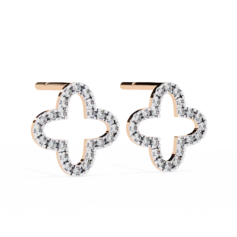 Four-Leaf Clover Diamond Hoop Stud Earrings in Gold
