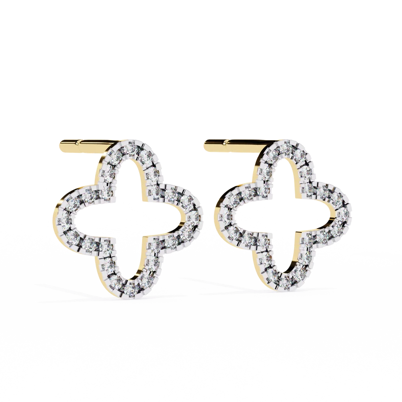 Four-Leaf Clover Diamond Hoop Stud Earrings in Gold
