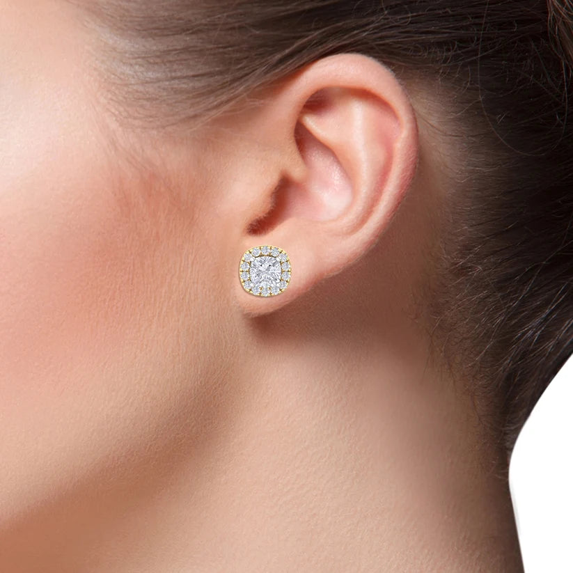 Cushion-Cut Diamond Halo Stud Earrings in Gold