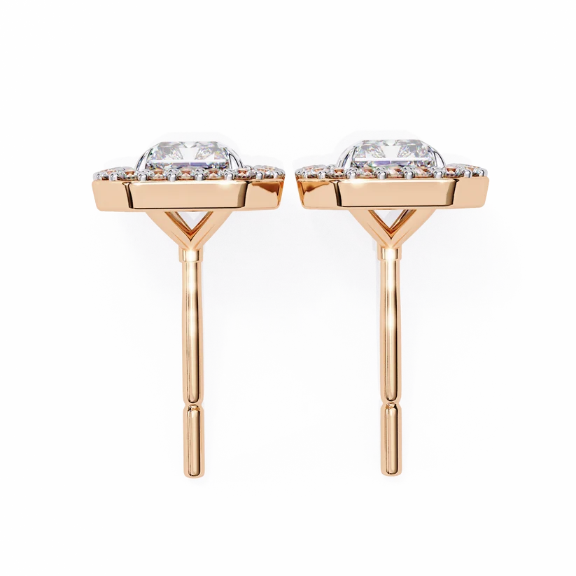 Gold Radiant Cut Halo Diamond Stud Earrings for Women | Luxury Bridal Earrings