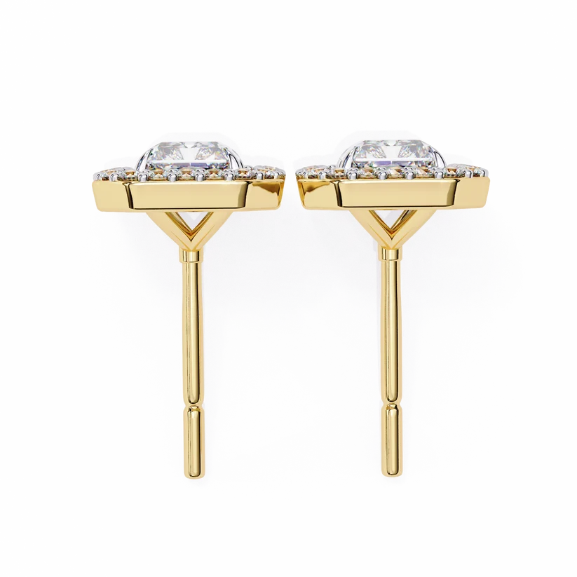 Gold Radiant Cut Halo Diamond Stud Earrings for Women | Luxury Bridal Earrings