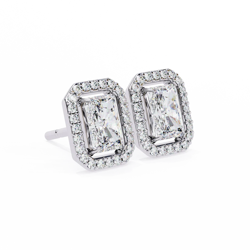 Gold Radiant Cut Halo Diamond Stud Earrings for Women | Luxury Bridal Earrings