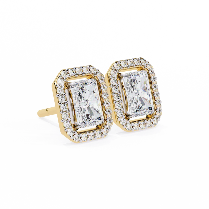 Gold Radiant Cut Halo Diamond Stud Earrings for Women | Luxury Bridal Earrings