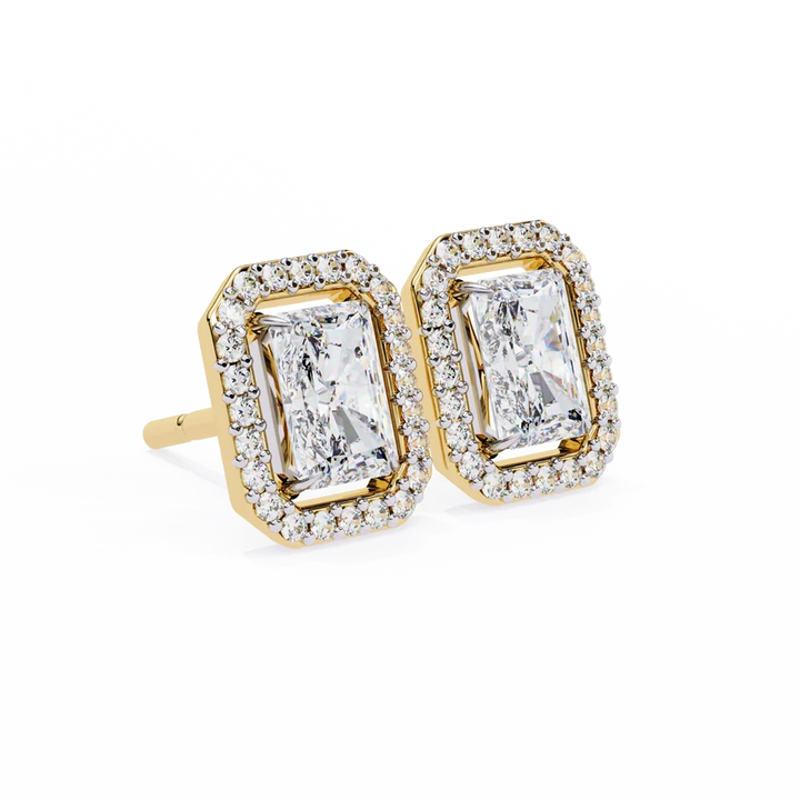 Gold Radiant Cut Halo Diamond Stud Earrings for Women | Luxury Bridal Earrings