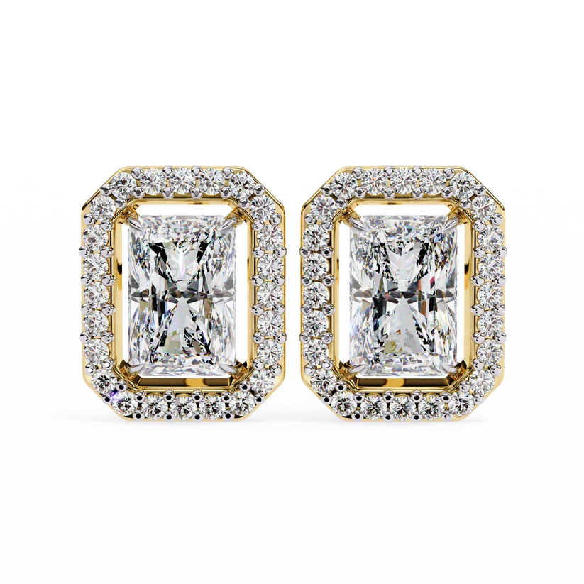 Gold Radiant Cut Halo Diamond Stud Earrings for Women | Luxury Bridal Earrings