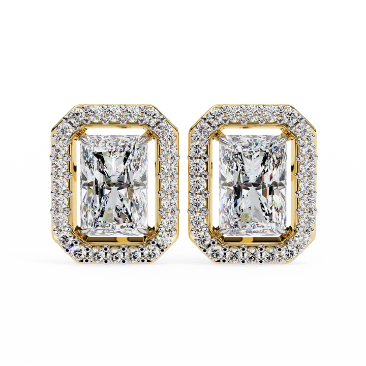 Gold Radiant Cut Halo Diamond Stud Earrings for Women | Luxury Bridal Earrings