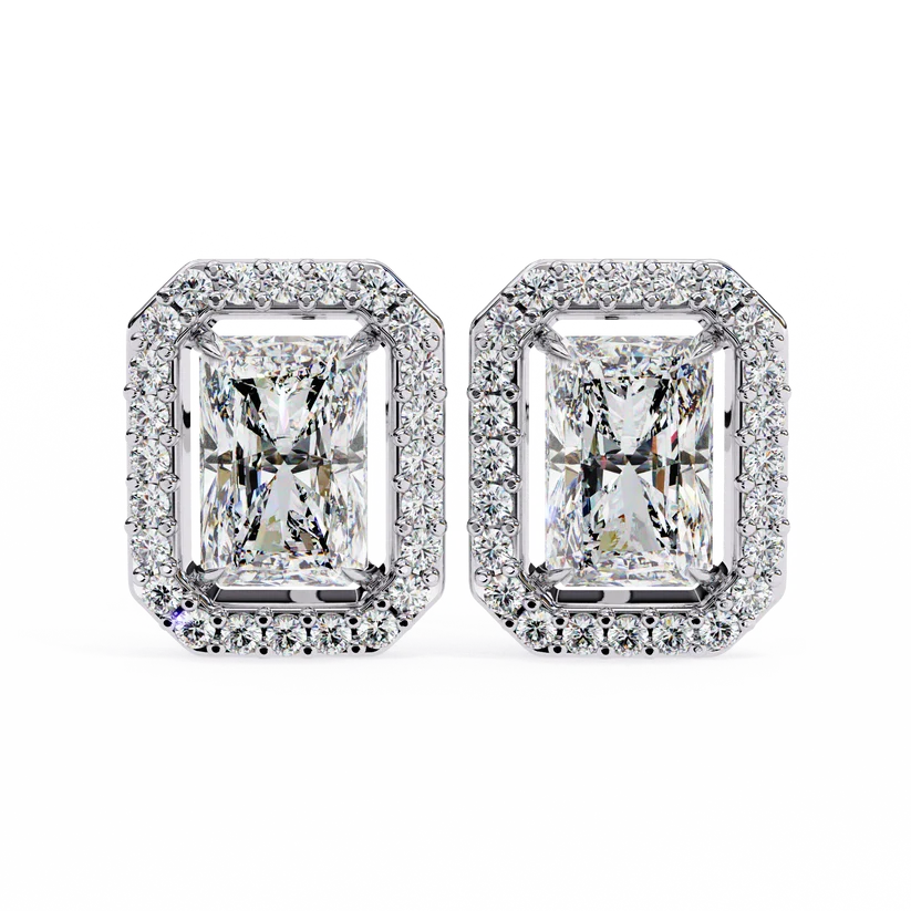 Gold Radiant Cut Halo Diamond Stud Earrings for Women | Luxury Bridal Earrings