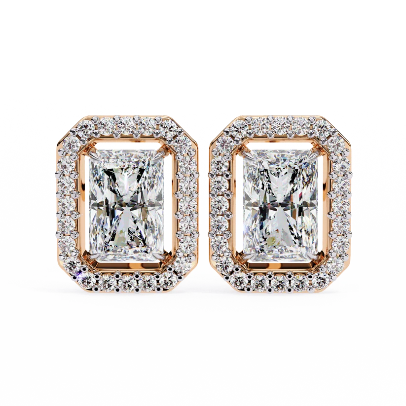 Gold Radiant Cut Halo Diamond Stud Earrings for Women | Luxury Bridal Earrings